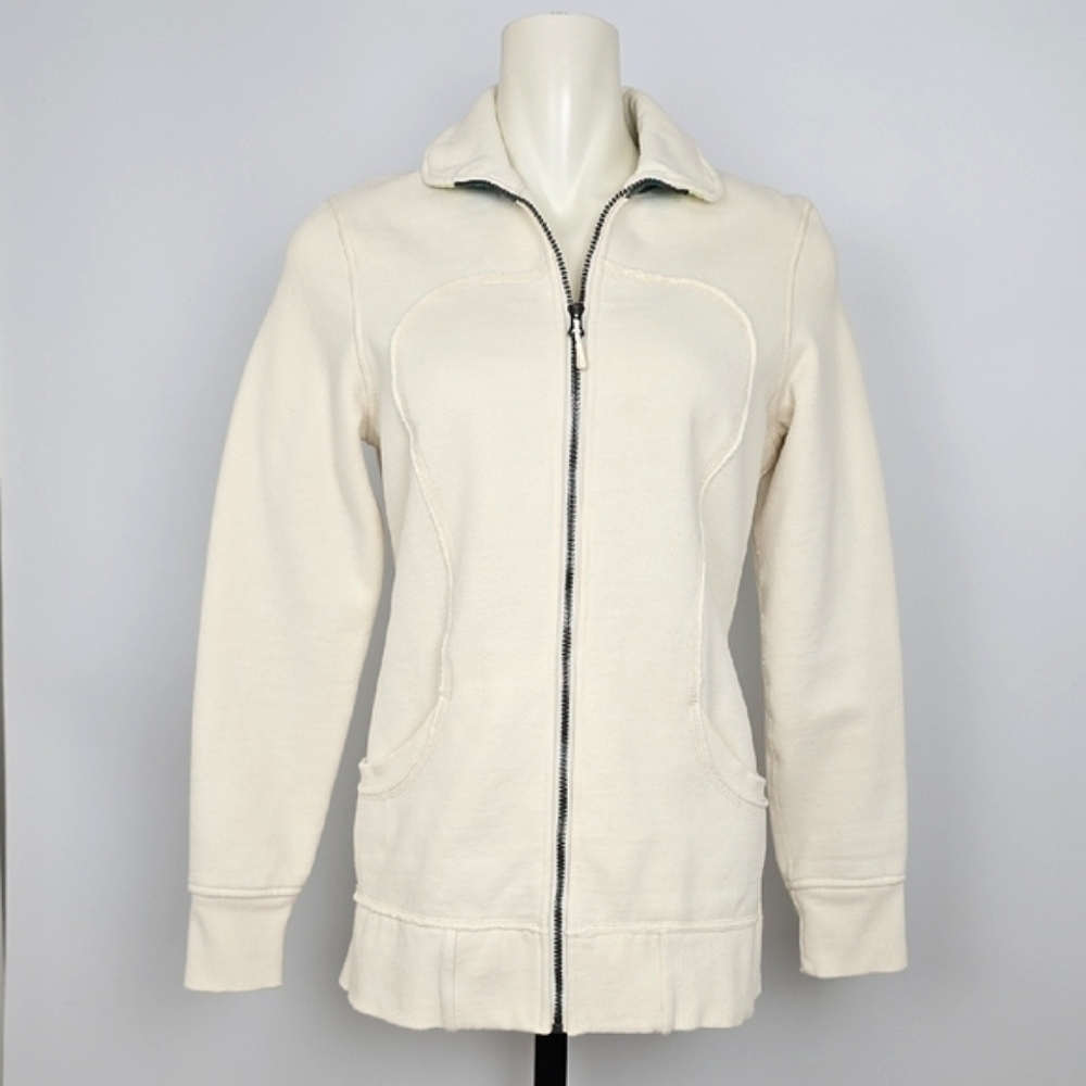 Lululemon Women's Cream Teal Retro Zip-Up Fleece Lined Scuba Jacket Pockets 8
